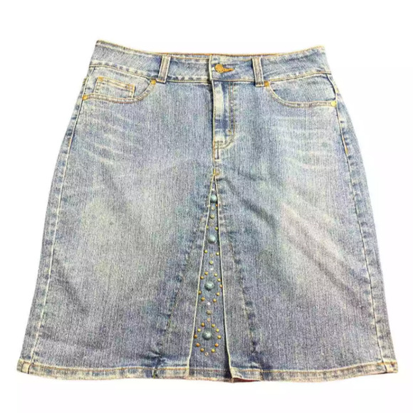 KiKit Jeans Womens Midi A Line Denim Skirt Rhinestone Accent Light Wash Size 8 - Picture 1 of 7